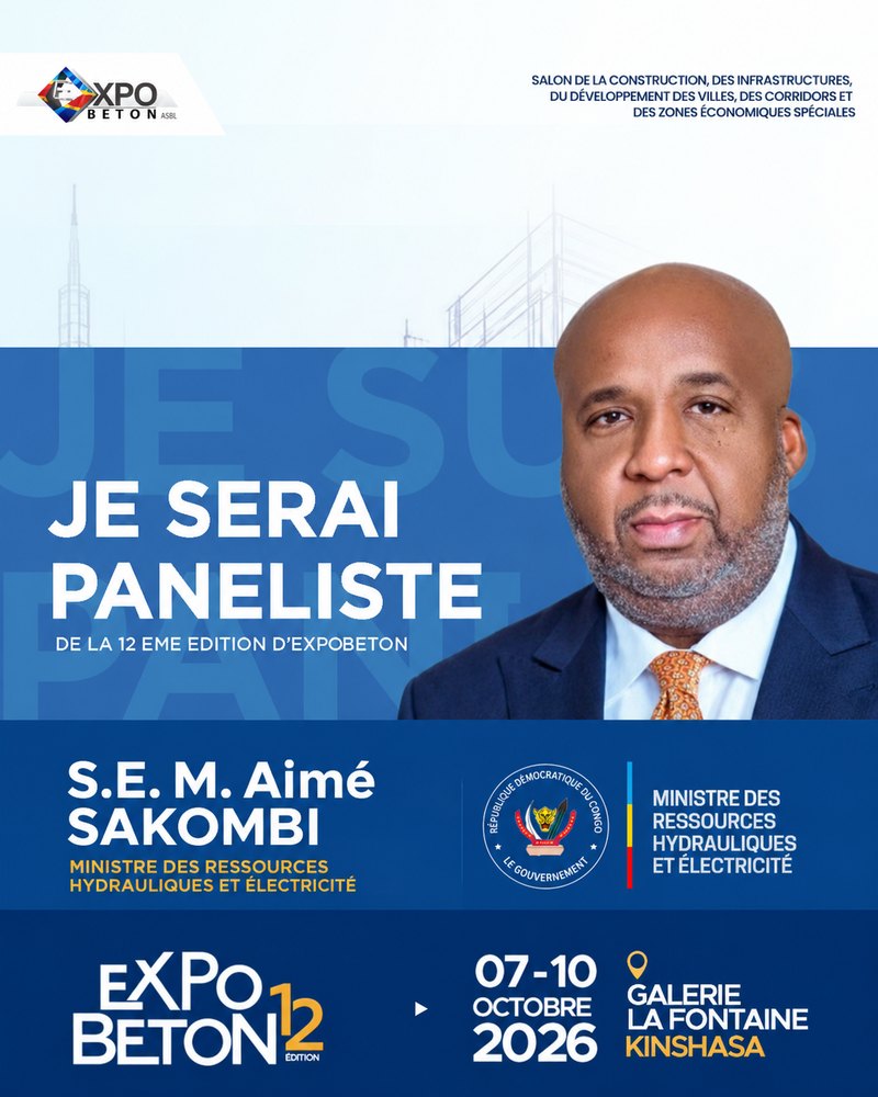 SEM Aime Sakombi, Ministre des Ressources Hydrauliques et Electricite, paneliste de la 12eme edition d’ExpoBeton RDC.