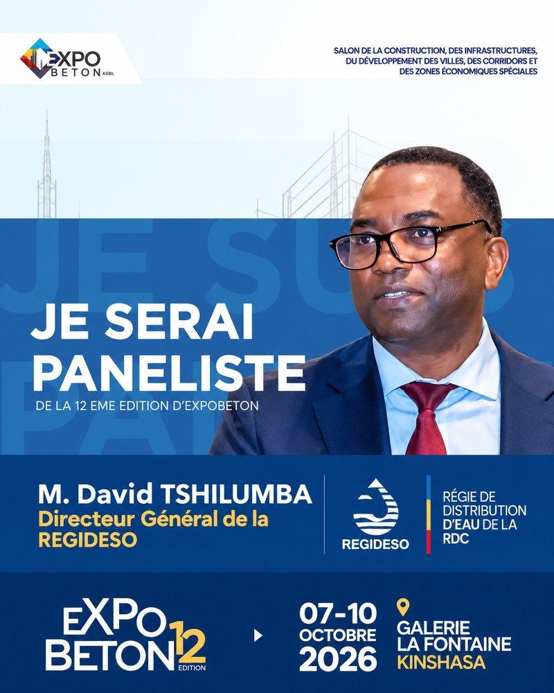 M. David Tshilumba, Directeur General de la REGIDESO (Regie de Distribution d’Eau de la RDC), paneliste de la 12eme edition d’ExpoBeton RDC.