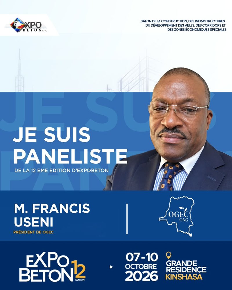 M. Francis Useni, President de l’OGEC (Ordre des Geometres Experts du Congo), paneliste de la 12eme edition d’ExpoBeton RDC.