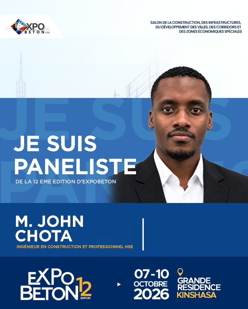 M. John Chota, Ingenieur en Construction et Professionnel HSE, paneliste de la 12eme edition d’ExpoBeton RDC.